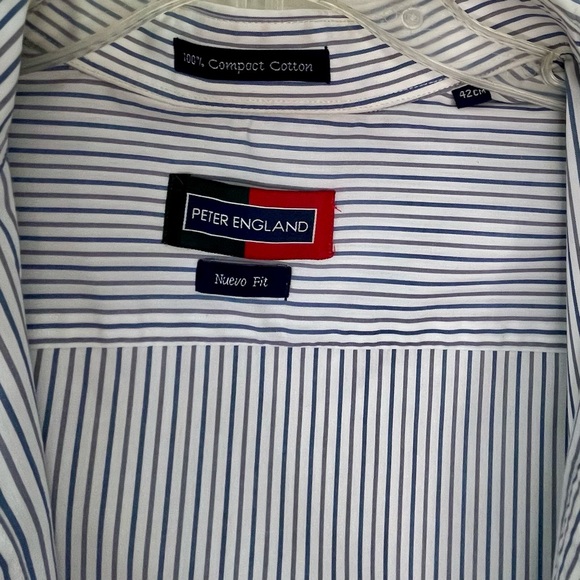 Peter England 100% Compact Cotton Blue & White Striped Long-Sleeve Dress Shirt L - Picture 2 of 6